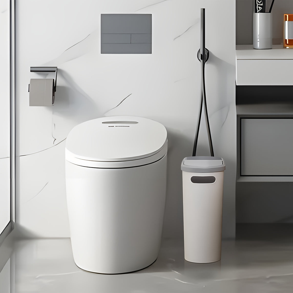 2/1pc Compact And Durable Plastic Bathroom Trash Can | with Built-In Handles, Rustproof, Space-Saving Design, Ideal for Small Spaces in Bathroom, Laundry, And Home Office(Includes Trash Bags)