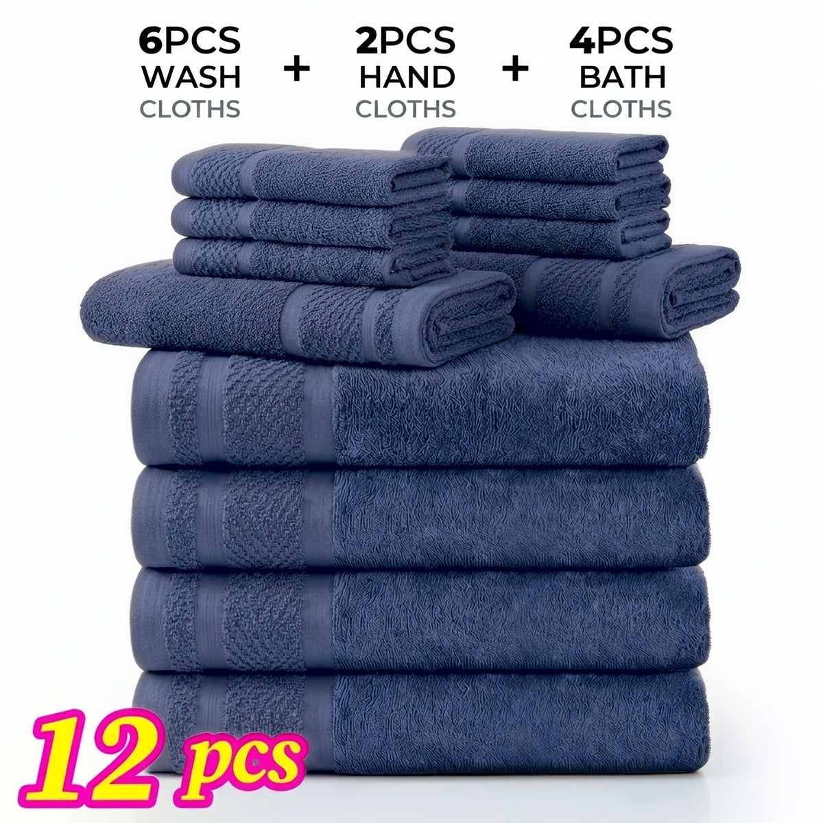 12/24pcs Bath Cloths Set, Hotel Quality Thick Bath Cloths | Highly Absorbent & Quick-Dry | 4 Bath Cloths & 6 Hand & 2 Washcloths, Cotton For Hotel Spa Gym & Home Bathroom Essentials, Wash Cloths