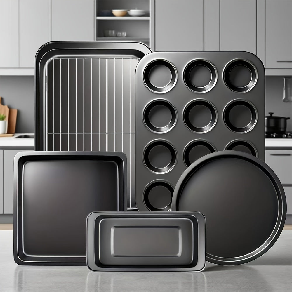 2/6/7/8/12/16/18pcs Nonstick Baking Pans Set Kitchen Baking Sheets Oven Bakeware Sets Round/Square Cake Pan Muffin Pan, Loaf Pan, Roast Pan, Cookie Sheet Baking Supplies Grey Measuring Spoon Scraper Rack Whisks Bread Bag Muffin Cups Spatulas