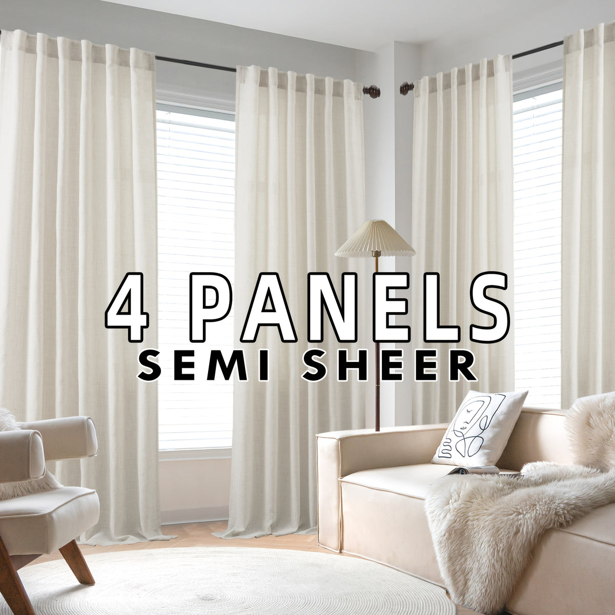 4 Panels Natural Linen Curtains for Living Room Semi Sheer Farmhouse Real Flax Rod Pocket Back Tab Boho Rustic Light Filtering Window Drapes for Bedroom Privacy Assured