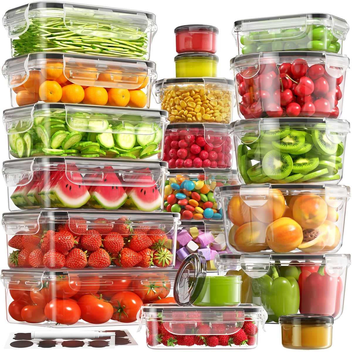 16/28/48pcs Food Storage Container Set, Airtight Containers with Secure Lids (8/14/24 Lids + 8/14/24 Containers) - Sealed Plastic Containers for Pantry, Travel, Outdoor Picnics, Kitchen Organization, Includes Labels And Markers