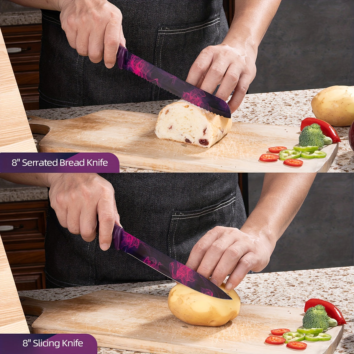 6pcs High-carbon Stainless Steel Sharp Kitchen Knife Set, Kitchen Knife Set And Block Chef Knife, Bread Knife, Scissors, Sharpening Knife, Kitchen Essentials, Dishwasher Safety, Anti-slip Handle, Best Gift for Halloween And Christmas