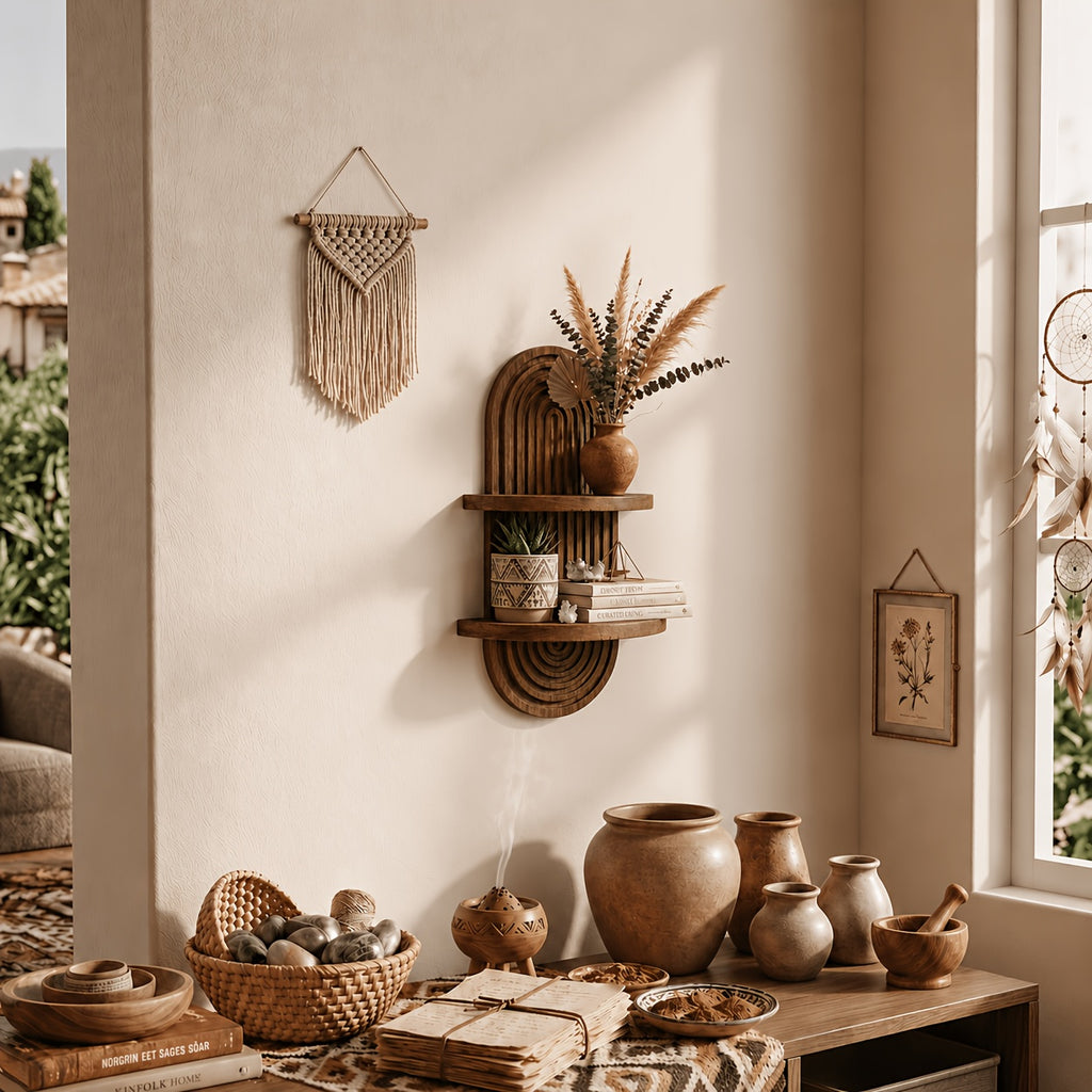 Boho Wood Wall Shelf with Rainbow Arch Design, Two-Tier Natural Solid Wood Plant and Keepsake Display for Bedroom, Living Room and Entryway Decor