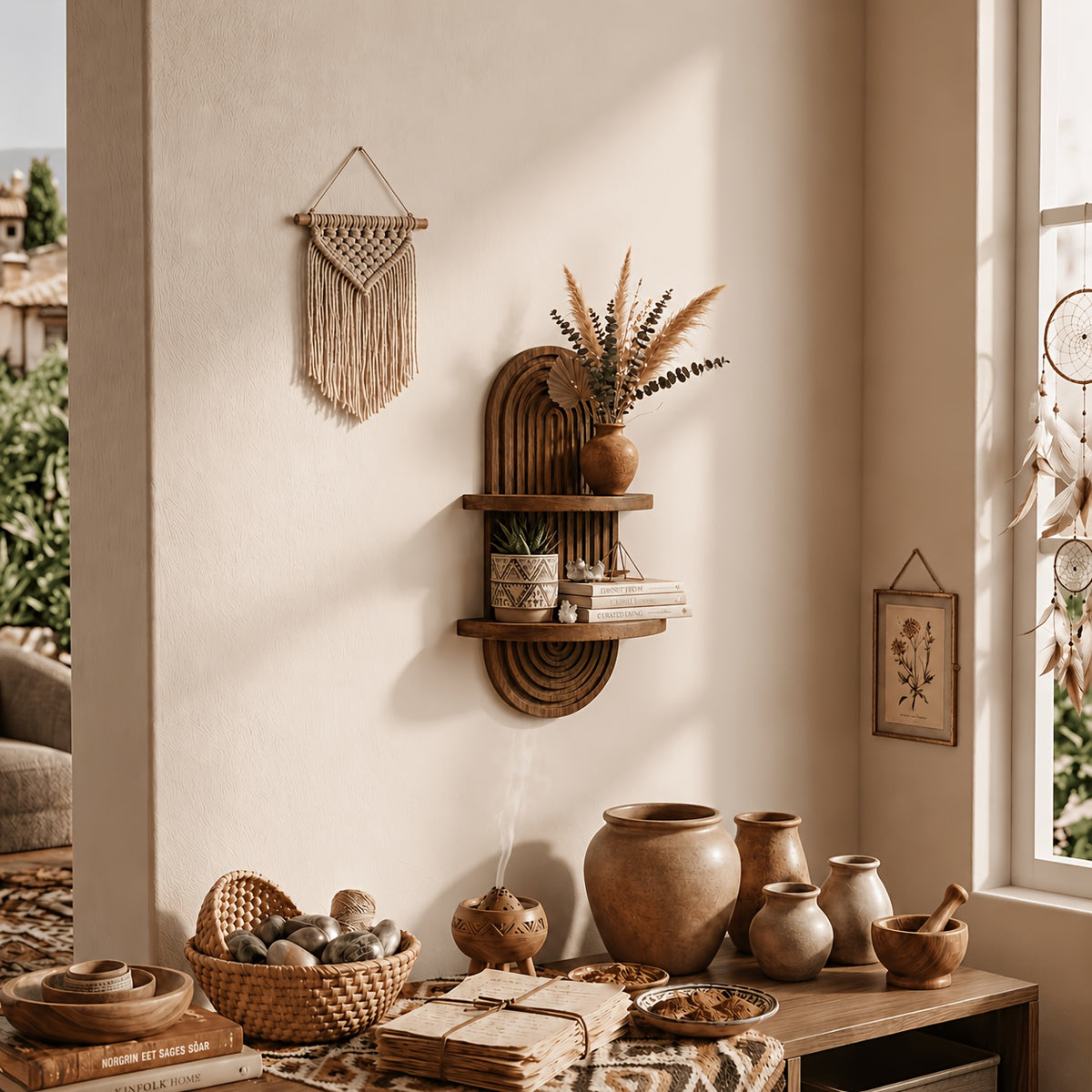 2-Tier Rustic Wood Floating Shelves for Wall, Hanging Plant Shelf Indoor, Wall Mounted Flower Pot Display Rack, Kitchen Storage & Living Room Decor, Window Sill Plant Stand, Bedroom & Entryway Organizer, Suitable for Outdoor Entrance Decoration