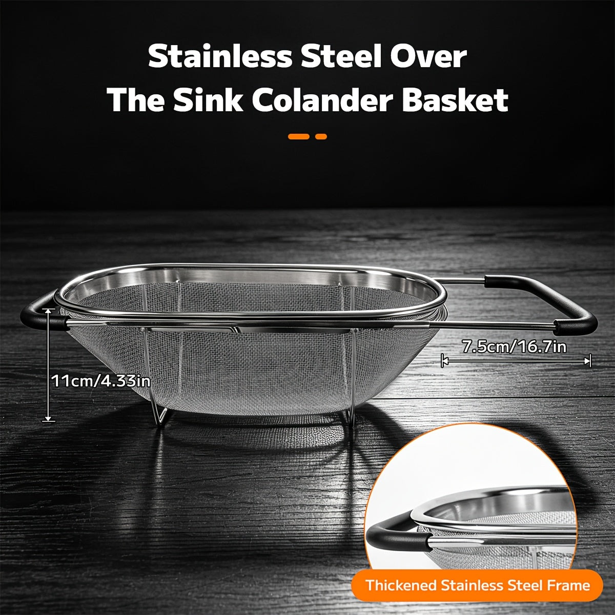 Expandable Stainless Steel Filter Over the Sink Colander - Strainers and Colanders - Sink Strainer Basket - Expandable Fine Mesh Strainer with Rubber Grip for Veggie, Fruits, Pasta, Home Kitchen Essentials