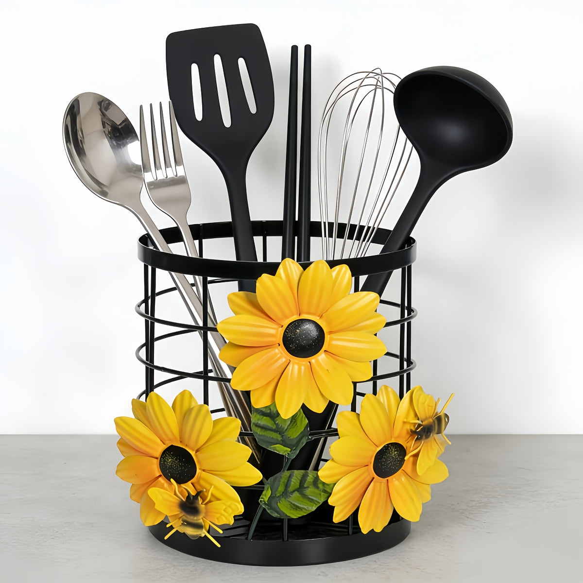 Sunflower Flatware Storage Basket - Open Kitchen Countertop Organizer, Home Storage & Decor, Housewarming Gift Must-Have, Stylish & Functional Present