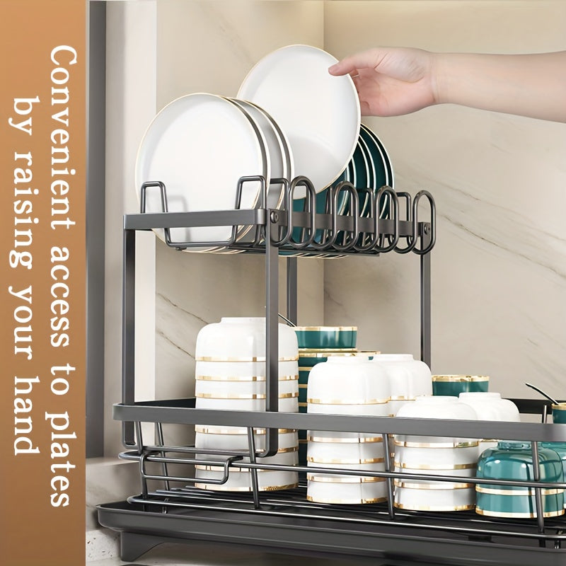 2-Tier Metal Dish Drying Rack, Suitable for Types of Countertops. Space-saving and Durable, Comes with Cutlery Holder, Cup Holder, and Rust-proof Drip Tray. Helps Your Kitchen Neat and Organized.