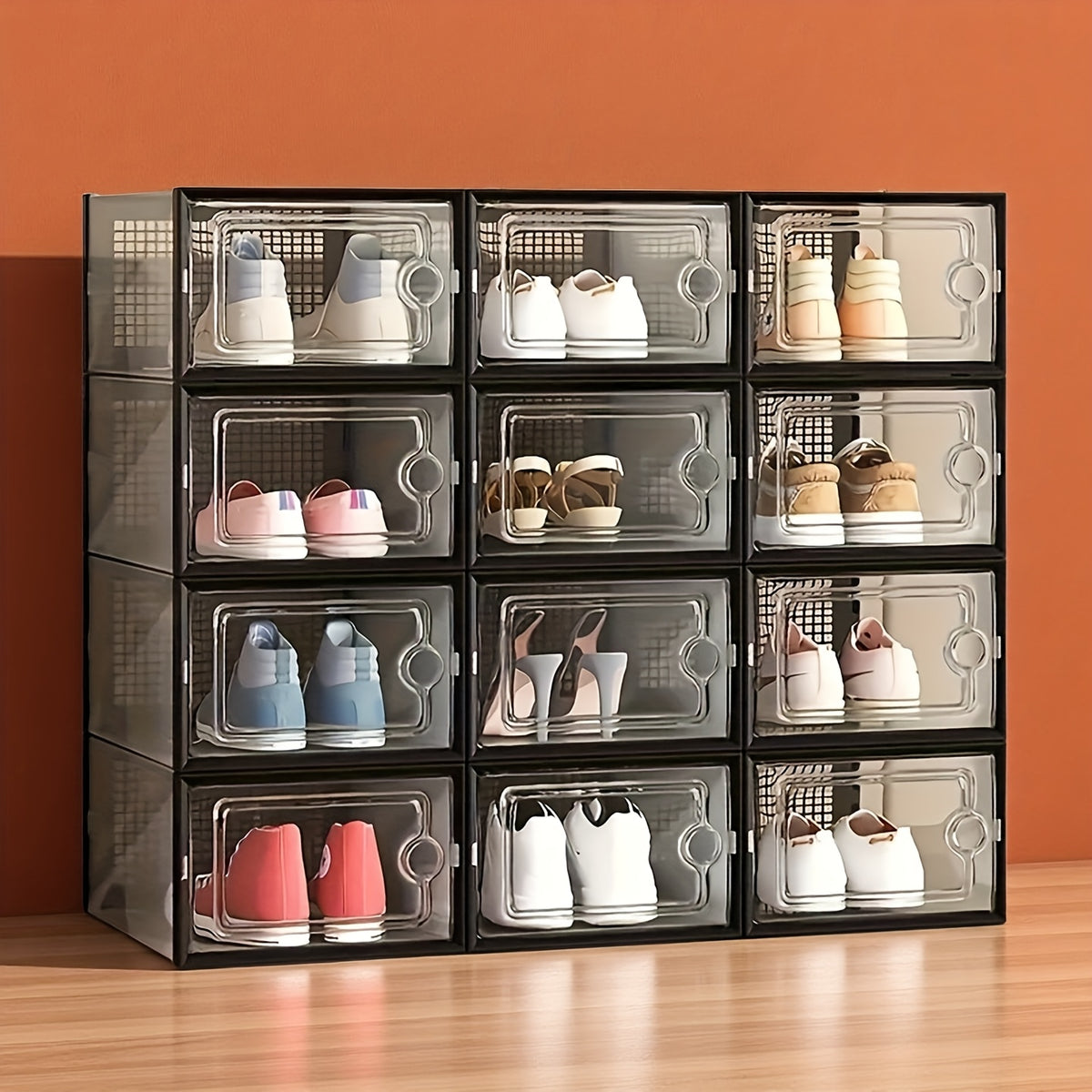 6/12/24pcs Thickened Transparent Shoe Boxes with Lid, Foldable Stackable Free Combination Shoe Rack, Plastic Sneaker Container, Space Saving Storage Organizer for Entryway Bedroom, Home Shoe Box Shoe Racks Shoe Storage Organizer Shelf