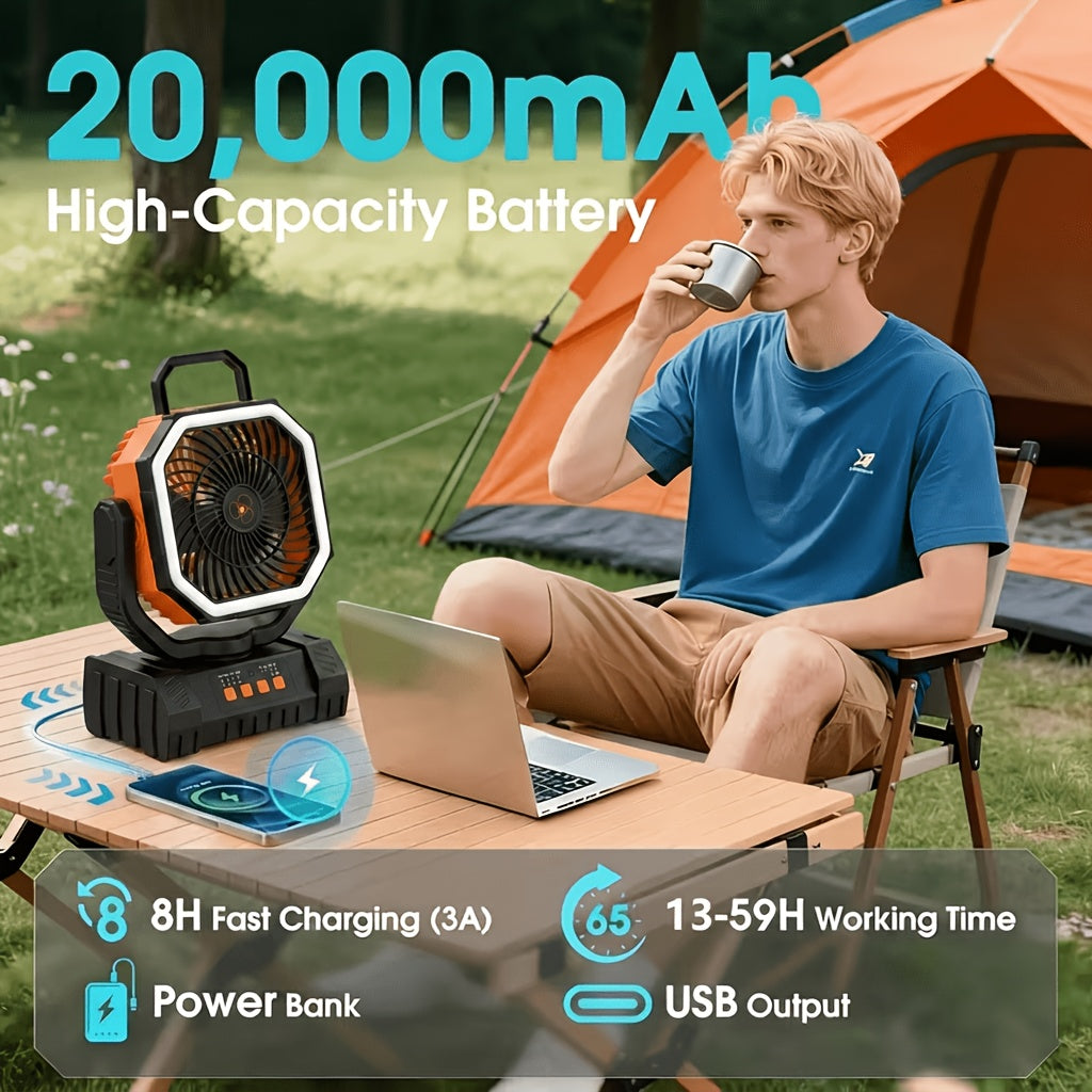 Portable Camping Fan with LED Light 20000Mah Rechargeable Battery Remote Control And Oscillating Function, 4 Wind Speeds, 90° Oscillation, 1-8 Hour Timer, Remote Control Included. Suitable for Indoor And Outdoor Use, Tents, Travel