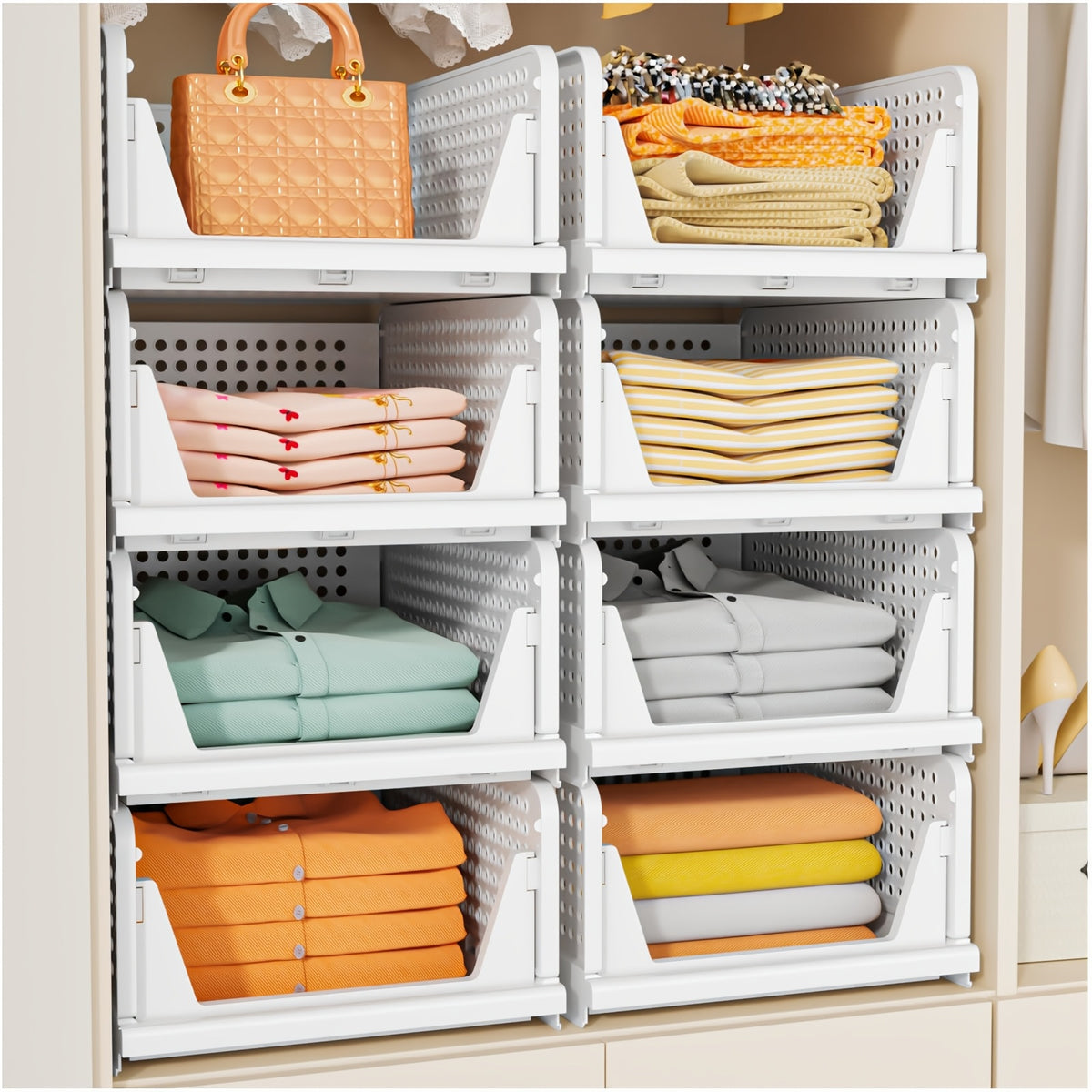 3pcs Stackable Closet Storage Basket, Multifunctional & Foldable Closet Organizer for Bathroom, Kitchen, Laundry Room, And Wardrobe Storage, Space-Saving Clothes Storage Drawer Organizer, Under-Bed Storage, Mounted Closet Systems