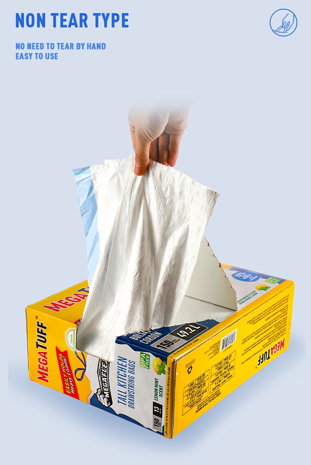 150 Bags Boxed Disposable Non Tear Garbage Bag Puncture Tear Resistant Trash Bags, 50 Bags/Roll 13 Gallon Capacity, ODOR ELIMINATORTECHNOLOGY Kitchen Drawstring Garbage Bags Fresh Clean Scent with Lemon Mint Scent, EASY to USEDRAWSTRINGS MORE DURABLE