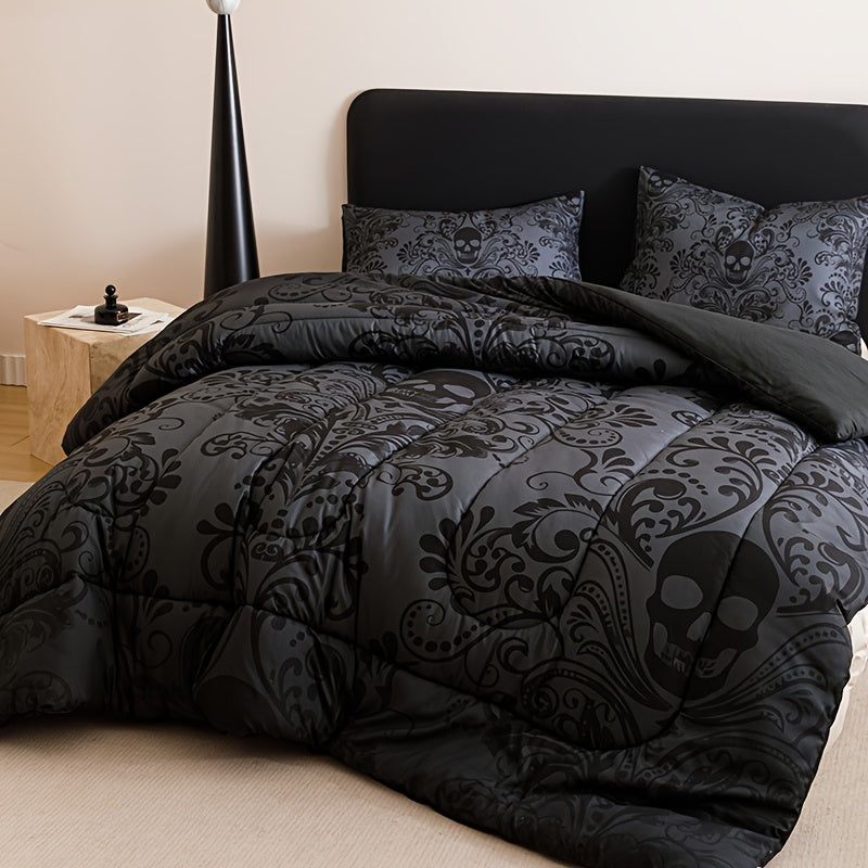 2D Flat 3pcs Black Gray Design Skull Quilt Set (1 Comforter +2 Pillowcases Without Pillow Core), Contains Padding 180gsm Quilting Soft Ventilate Digital Printing Bedroom Dormitory At Home Room Decor Back-to-School Season Valentine'S Day Gift-Giving