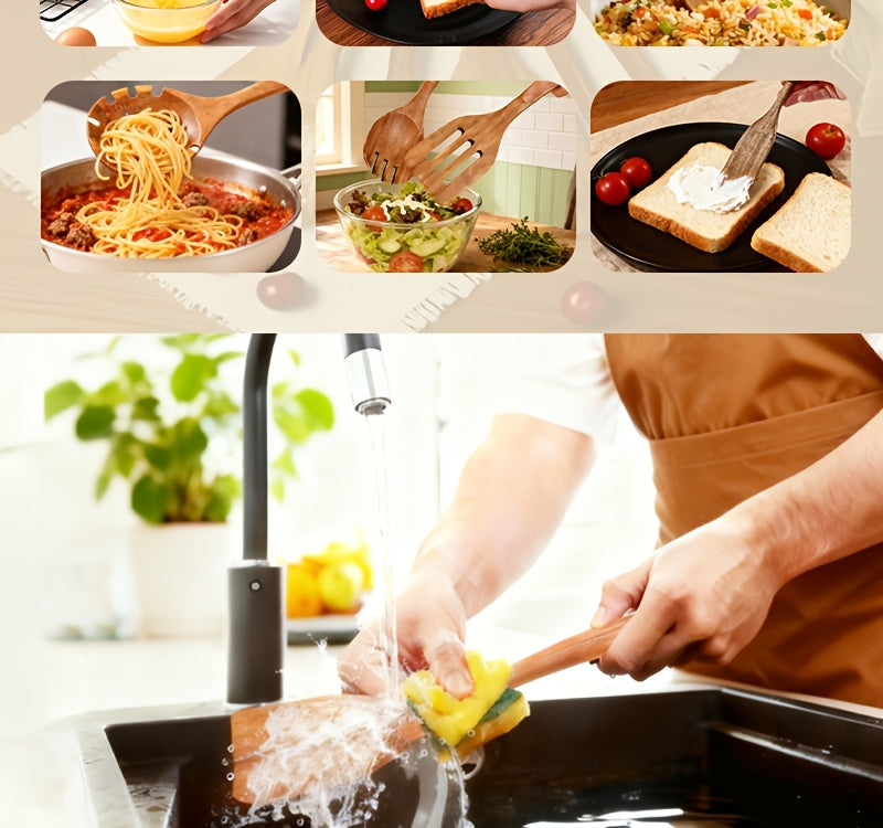 10pcs Wooden Spoons for Cooking, Natural Teak Wooden Kitchen Utensils Set Non-Stick Kitchen Pan Toolset Wooden Utensils for Cooking Wooden Cooking Utensils Wooden Spatulas for Cooking