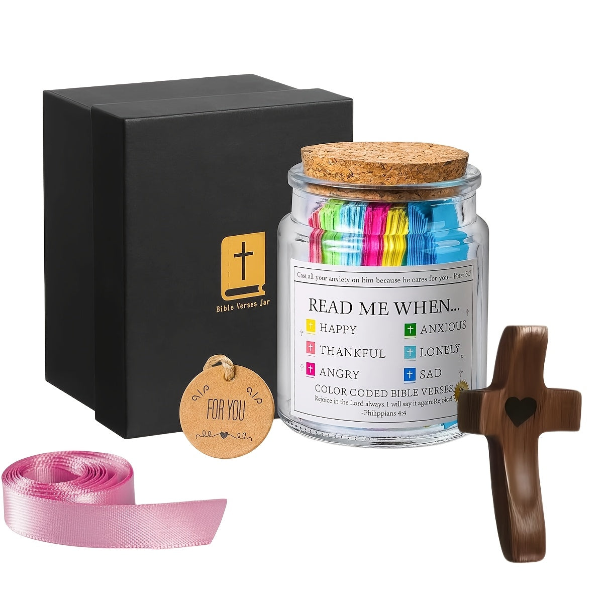Bible Verse Jar Plus Handmade Pocket Wooden Cross Fidget.Relax for Christian, Religious Christian Gift,, Let Your Heart Calm Down, for Easter, Christmas, Holiday Wedding Parties, And Father's Day Gifts.