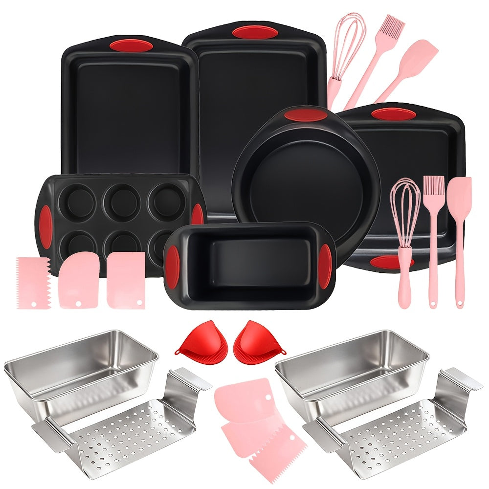 2/3/6/12/23pcs Non-Stick Baking Sheet Set, Assorted Size Cookie Trays with Orange & Blue Silicone Handles, in Gray, Black & Golden, Stackable Bakeware for Baking & Roasting