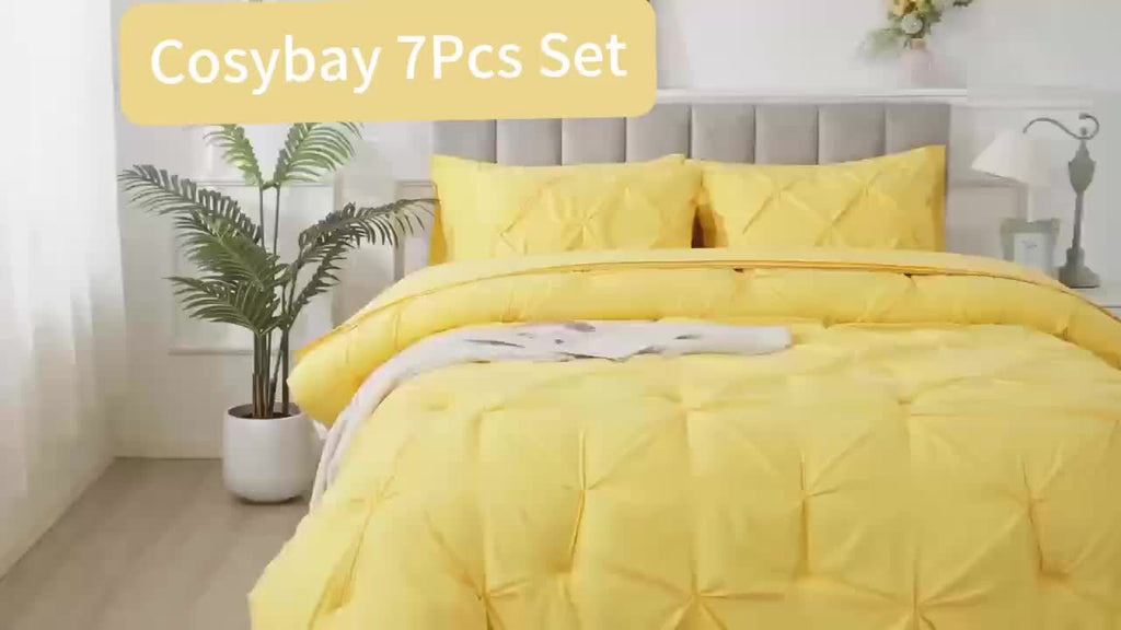 Cosybay 7 Piece Pinch Pleated Comforter Set Queen King Size, Luxury Soft Fluffy Bedding Includes 1 Comforter, 1 Extra Deep Pocket Fitted Sheet, 1 Flat Sheet, 4 Pillowcases & Pillow Covers, Perfect for Halloween Party, Holiday Celebrations & Birthday