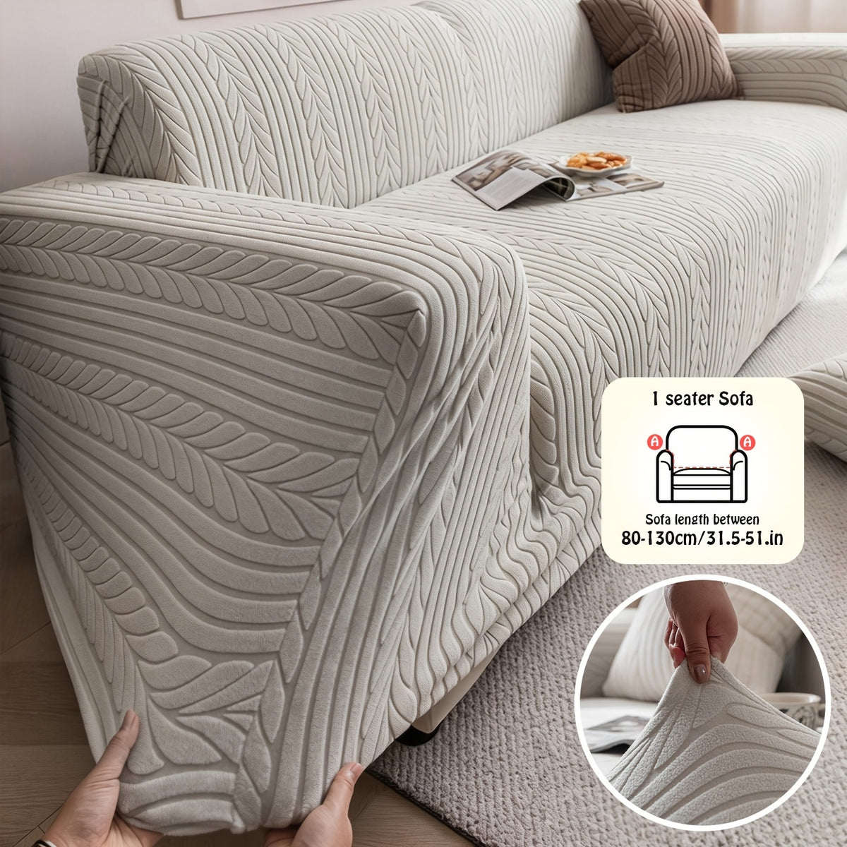 1pc Striped Sofa Cover - Washable, Stretchable, Scratch-Resistant & Non-Slip All-Season Sofa Protector, Fits 1-4 Seater Sofas, White Textured Fabric with Sawtooth Pattern, Perfect for Living Room Decor & Furniture Protection | Durable Protection