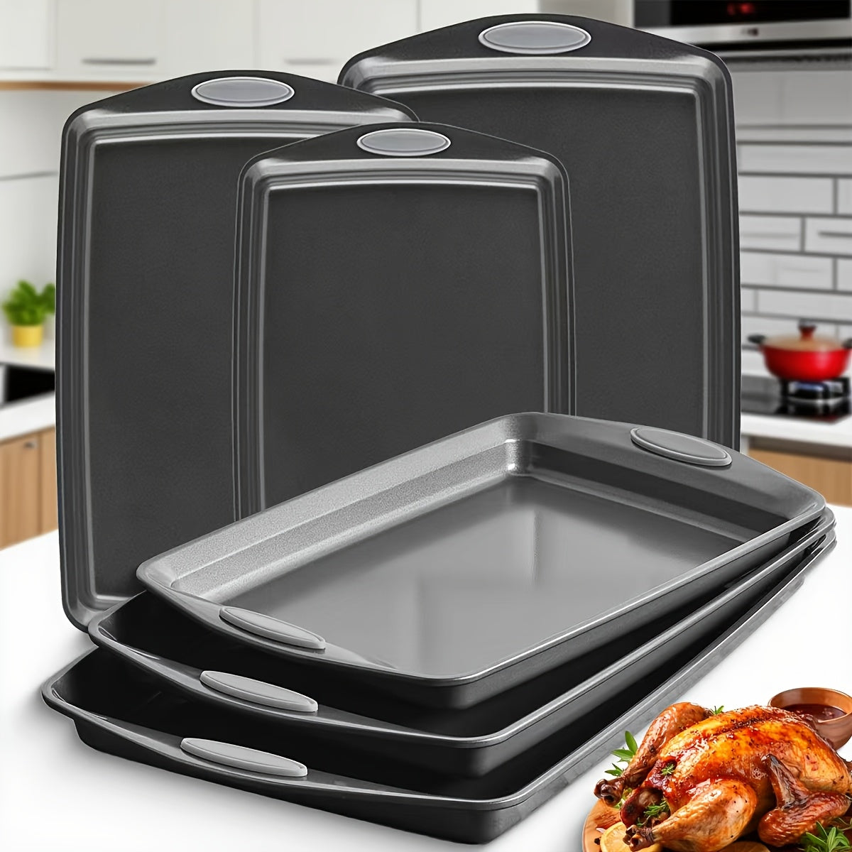 2/3/6/12/23pcs Non-Stick Baking Sheet Set, Assorted Size Cookie Trays with Orange & Blue Silicone Handles, in Gray, Black & Golden, Stackable Bakeware for Baking & Roasting
