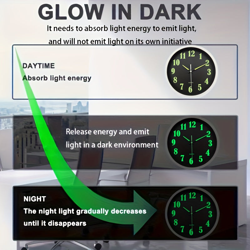 8-16 Inch Modern Black Glow-in-the-Dark Wall Clock, Silent No-Ticking, Battery Powered, Decorative Clock for Living Room, Bedroom, Office & Kitchen, Plastic Frame with High-Transparency Glass Mirror, Perfect Christmas & Housewarming Gift