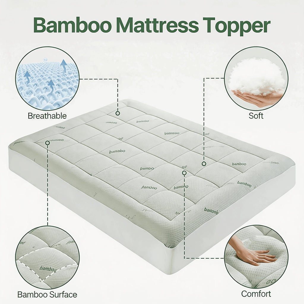 Bamboo Mattress Topper, Breathable Bamboo Fiber & Microfiber Fill, Supportive Bedding Mattress Pad for Home Hotel Dorm with 8-21" Deep Pocket