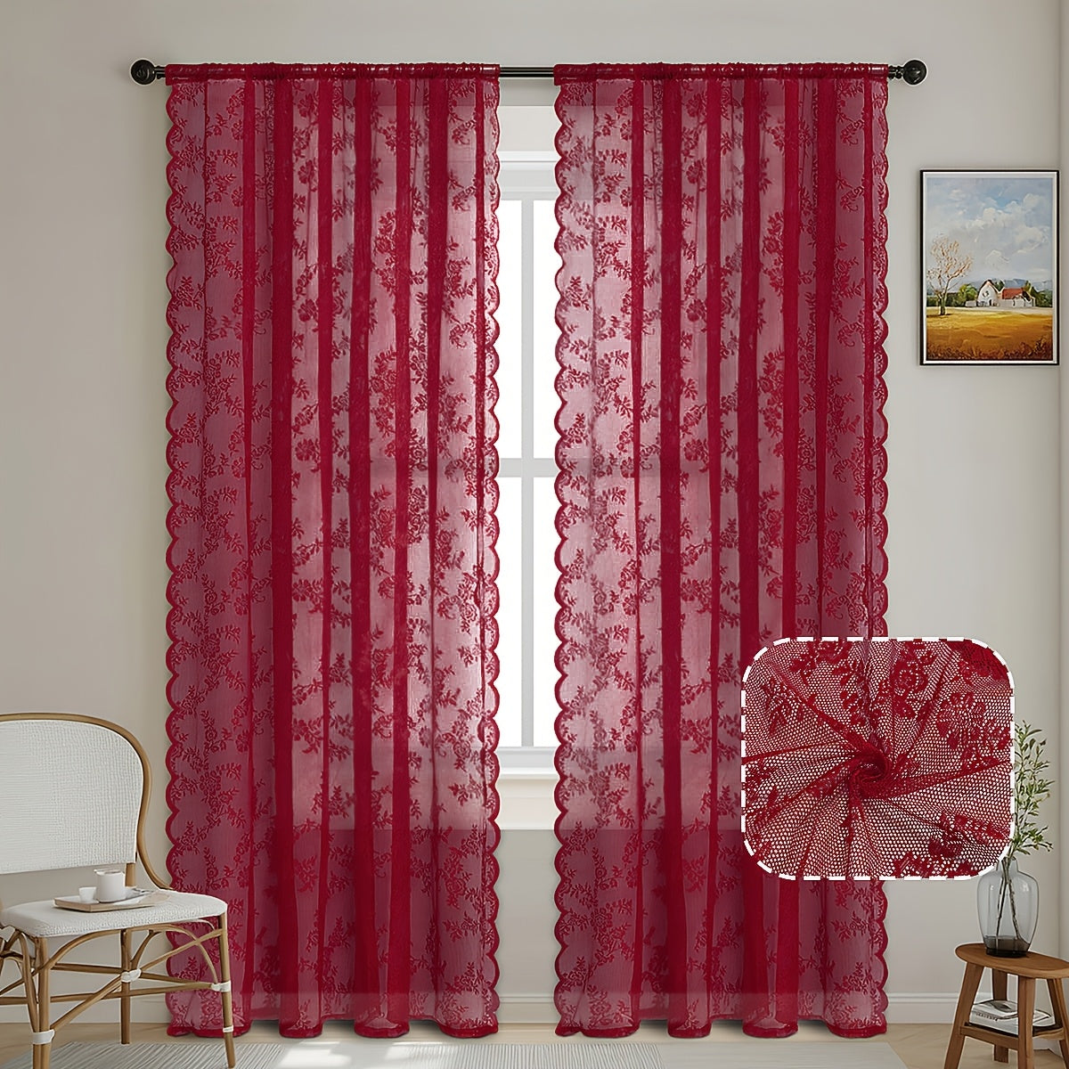 Set of Two White Lace Curtains with Floral Designs, Featuring a Bohemian Style And Semi-Transparent Fabric That Filters Sunlight. Suitable for All Seasons