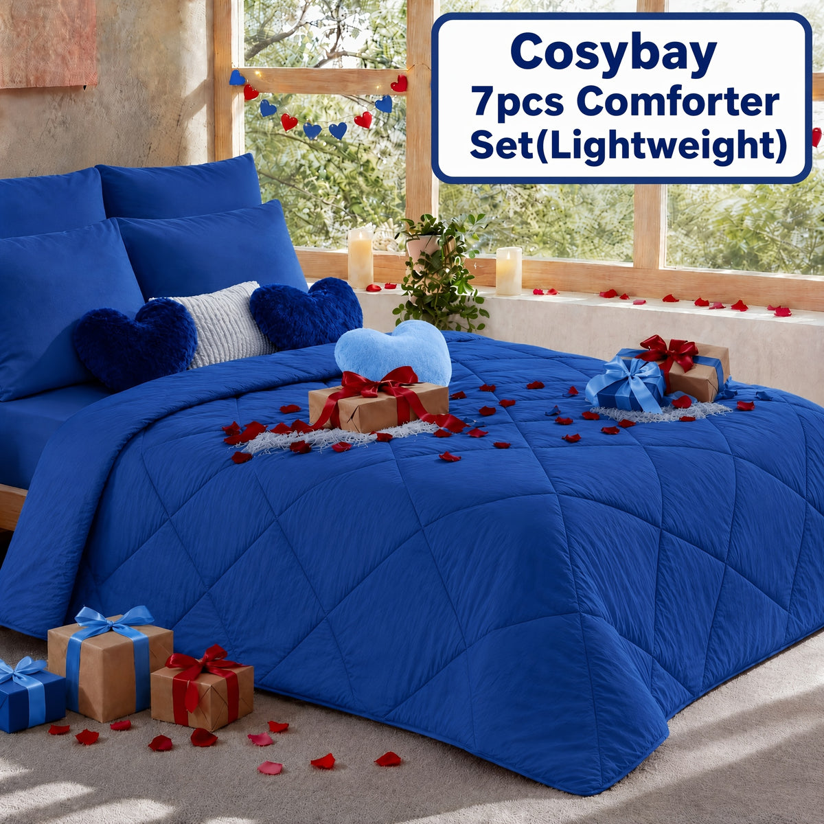 Cosybay 7 Piece Pinch Pleated Comforter Set Queen King Size, Luxury Soft Fluffy Bedding Includes 1 Comforter, 1 Extra Deep Pocket Fitted Sheet, 1 Flat Sheet, 4 Pillowcases & Pillow Covers, Perfect for Halloween Party, Holiday Celebrations & Birthday