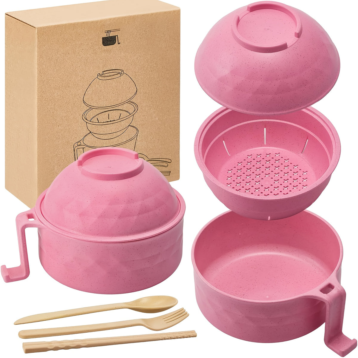 6pcs/Set Microwave Ramen Bowl Set, Ramen Noodle Cooker With Lid & Handle, Perfect For Home, Office, Dorm, Or College Tableware