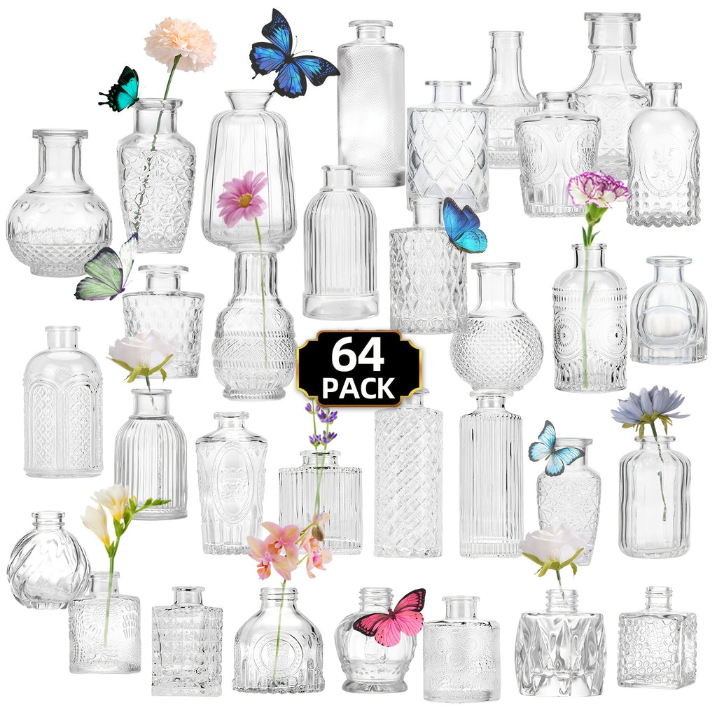 Clear Glass Bud Vases in Bulk, 45 or 64 Piece Vintage Textured Small Flower Vase Set for Rustic Wedding Centerpieces and Home Table Decor