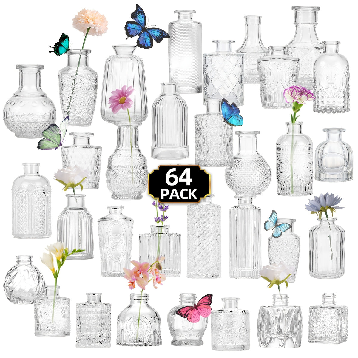 WHONLINE 45/64 Glass Bud Vase, Small Vases for Flowers, Clear Bud Vases for Centerpieces, Festival Decoration for Rustic Wedding Decorations Vintage Look Home Table Decor, Multiple Sizes