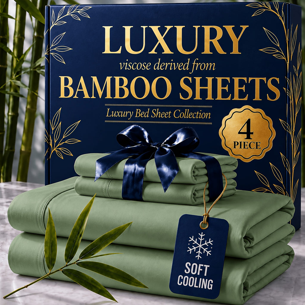 4pcs Cooling Bamboo Blend Sheet Set, Breathable Soft Sheets for Hot Sleepers, 14-Inch Deep Pocket, Twin/Full/Queen/King, Kids Room Decor, Christmas Holiday Home Decor