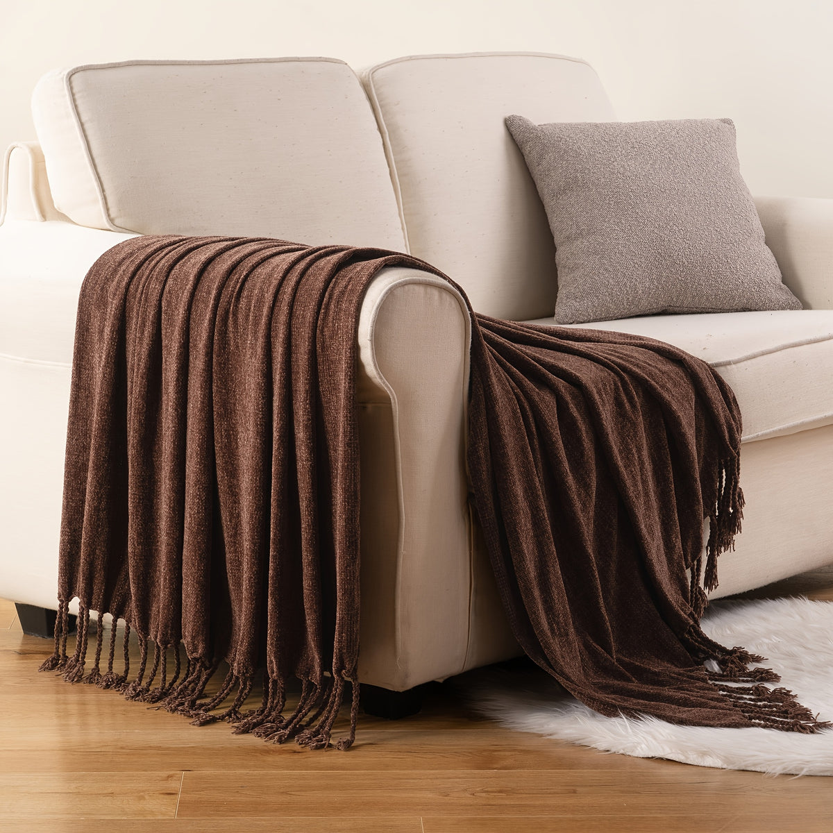 Decorative Fringe Velvety Throw Blanket for Sofa Home Decor, Chenille Throw Blanket for Couch, 50"x60"