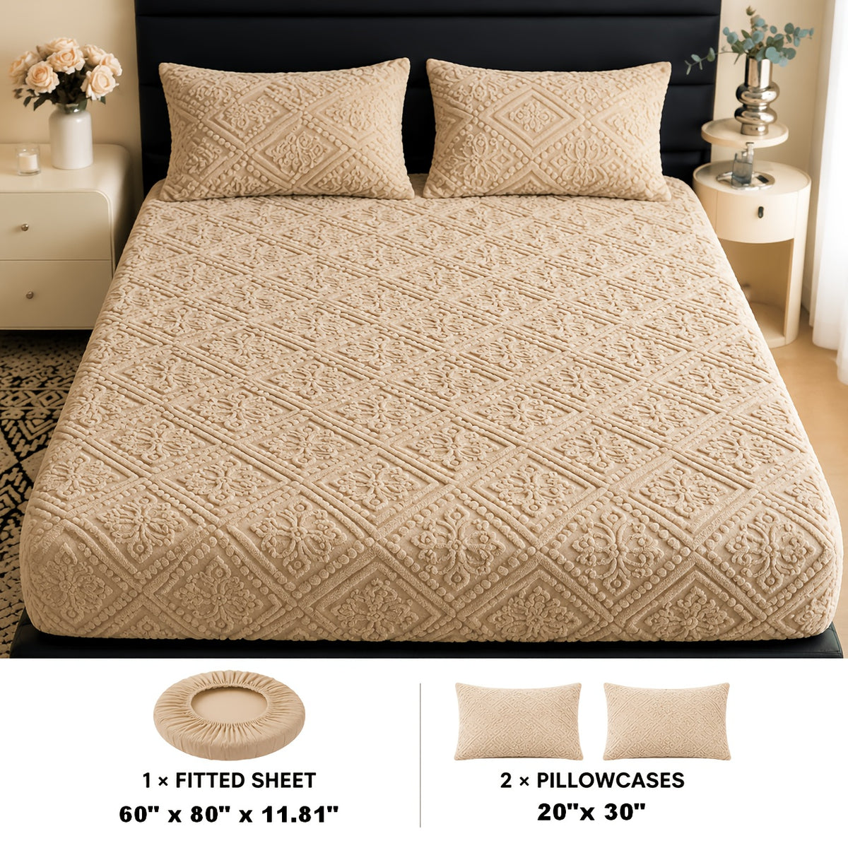 Embossed Fitted Sheet with Optional Pillowcases, Soft Deep Pocket Machine Washable Bedding in White, Gray, Khaki, Blue and Green for Twin Full Queen King