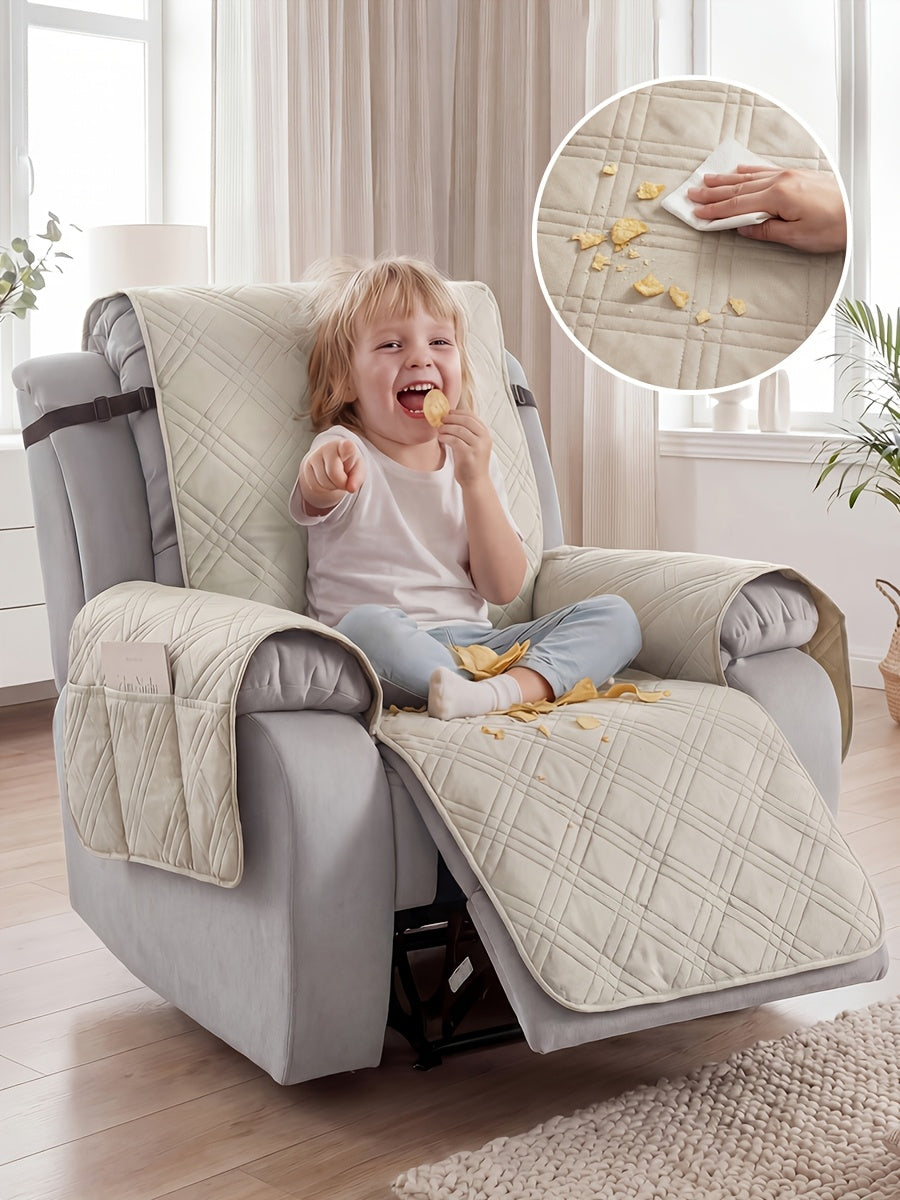 Recliner Protector Cover with Side Pocket, One-Piece Quilted Chair Cover with Elastic Band for Pet Households and Everyday Living Room Furniture Care