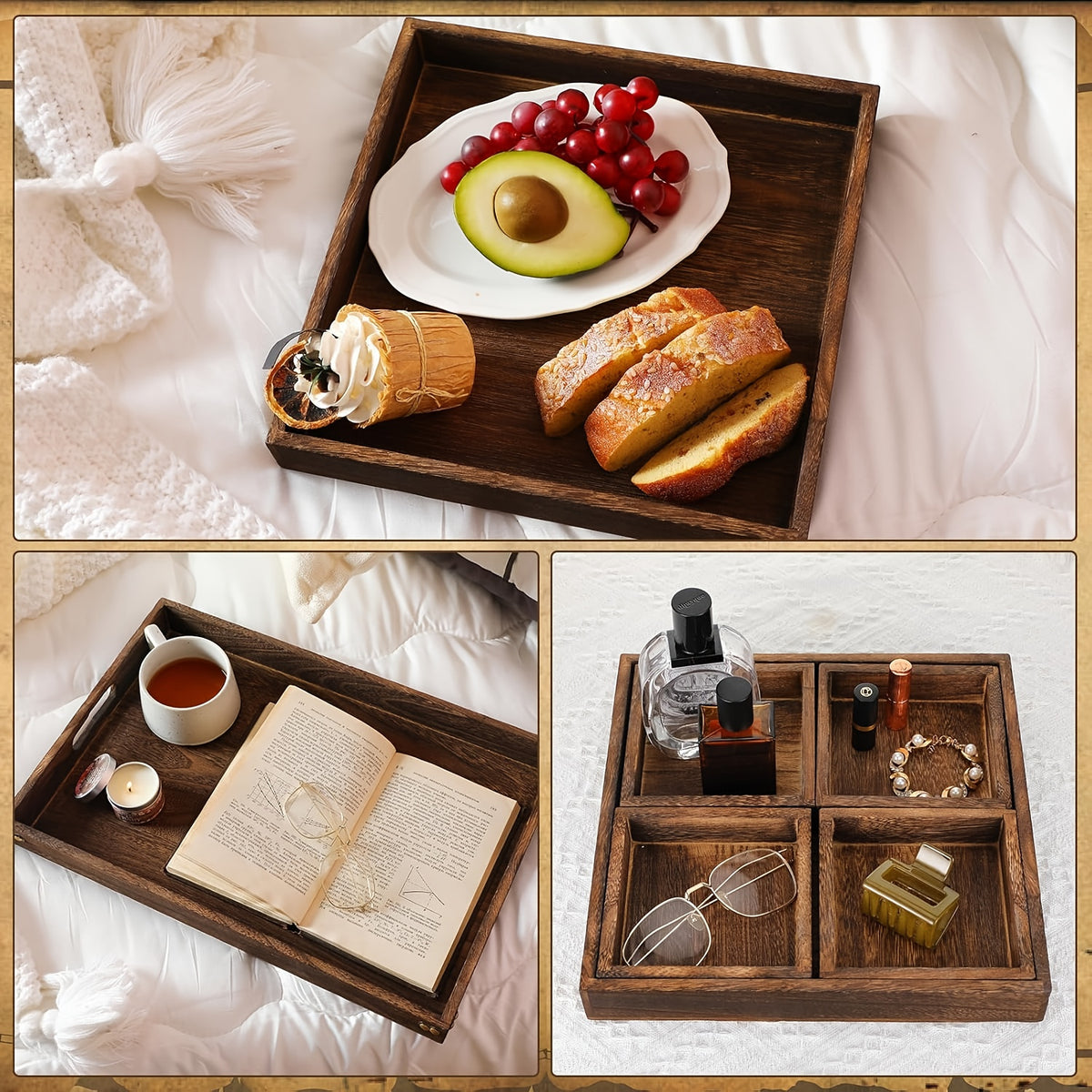 7 Split Solid Trays, Vintage Elegance, Rustic Trays with Handles, Rectangular Party Trays, Fruit Trays, Tea Trays for Placing Large and Small Items, Snacks, Tea, Coffee, Desserts, Durable Kitchen or Living Room Decoration Trays