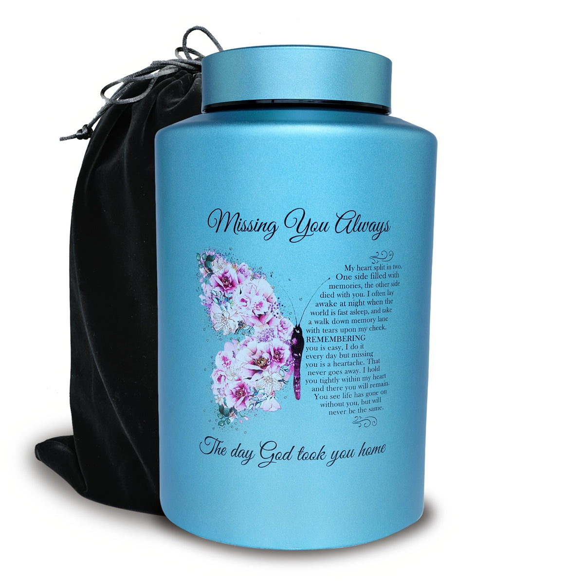 Large Stainless Steel Cremation Urn for Adult Ashes - Holds Up to 220 lbs, Decorative Butterfly Design with Velvet Pouch, Screw Lid & Seal Ring for Secure Storage, Memorial Keepsake | Elegant Text Design | Velvet Pouch Included