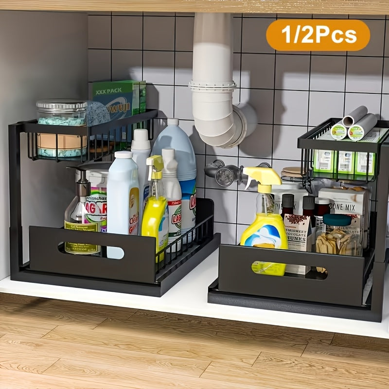1/2pcs Kitchen Organizers And Storage, Kitchen Accessories, Utility Racks, Under Sink Organizer, Pull Out Cabinet Organizer, 2 Tier Slide Out Sink Shelf, Cabinet Storage Shelves, Under Sink Storage for Kitchen Bathroom Cabinet