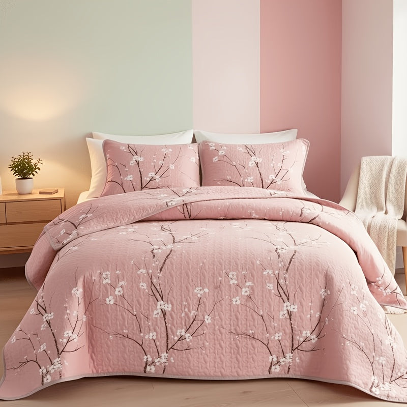 2/3pcs Multicolour Tree Branch Plum Blossom Quilted Quilt, 1pc Quilted Quilt+ 1/2pcs Pillowcases, Soft Breathable Comfortable Portability Hypoallergenic Machine Washable Bed Cover Bedding Room Decor, Twin/ Queen/ King Size
