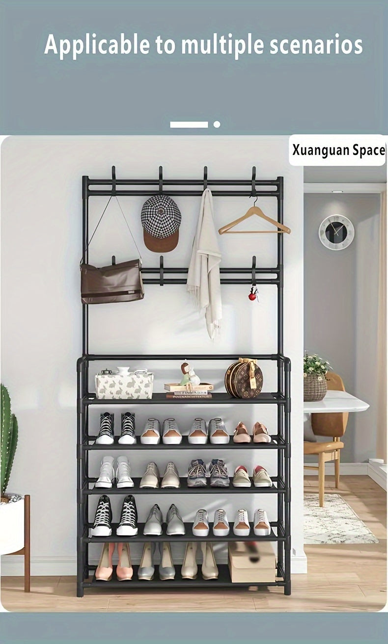 Multifunctional 5-Tier to 3-Tier Shoe Rack, Freestanding Shoe Organizer, Shoe Storage And Organizer, Shelves, with Multi-Layer Storage And 8pcs Double Hooks, Suitable for Living Room, Bedroom, Entrance