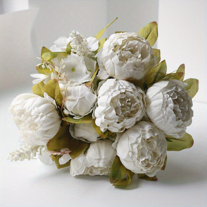 13-Head Artificial Peony Bouquet with Realistic Blooms & Lush Green Foliage - UV-Resistant Plastic Flowers with Sturdy Stems, Multi-Color Options (Pink, Red, White, Blue, Purple, Yellow, Lavender, Peach, ) for Weddings, Home, Garden, Office Decor - Indoor