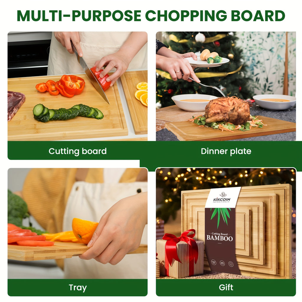 4pcs Extra Large Kitchen Bamboo Cutting Board Set, Heavy Duty with Juice Grooves, Chopping Board Set for Meat, Vegetables, Cheese.Essential Kitchen Tools.Family, Friends. Holiday Party.Memorial Day, Spring Essentials, Mother's Day Gift