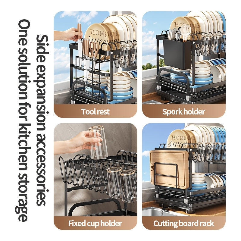 Two-tier Metal Kitchen Countertop Dish Rack Is Space-saving And Durable. It Comes with A Knife And Fork Holder, A Cup Rack, A Cutting Board Holder, And A Rust-proof Draining Tray. It Organizes Your Tableware And Helps Keep Your Kitchen Neat And Tidy.