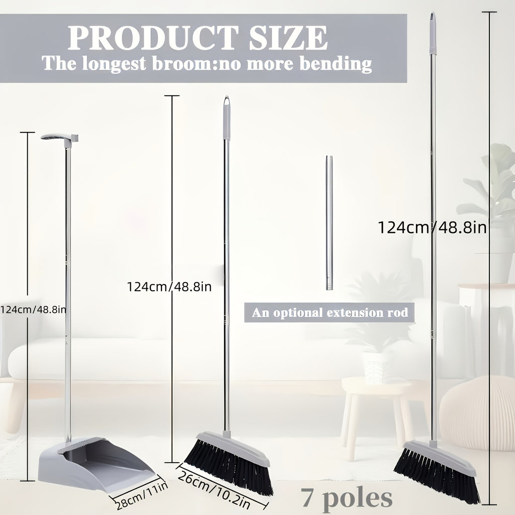 3-in-1 Upright Broom And Dustpan Combo, Long Handle Floor Sweeping Brush Set With Comb Teeth Dustpan, Garbage Bag Holder, Indoor Outdoor Cleaning Kit For Kitchen, Balcony, Patio, Garage, Party Cleanup