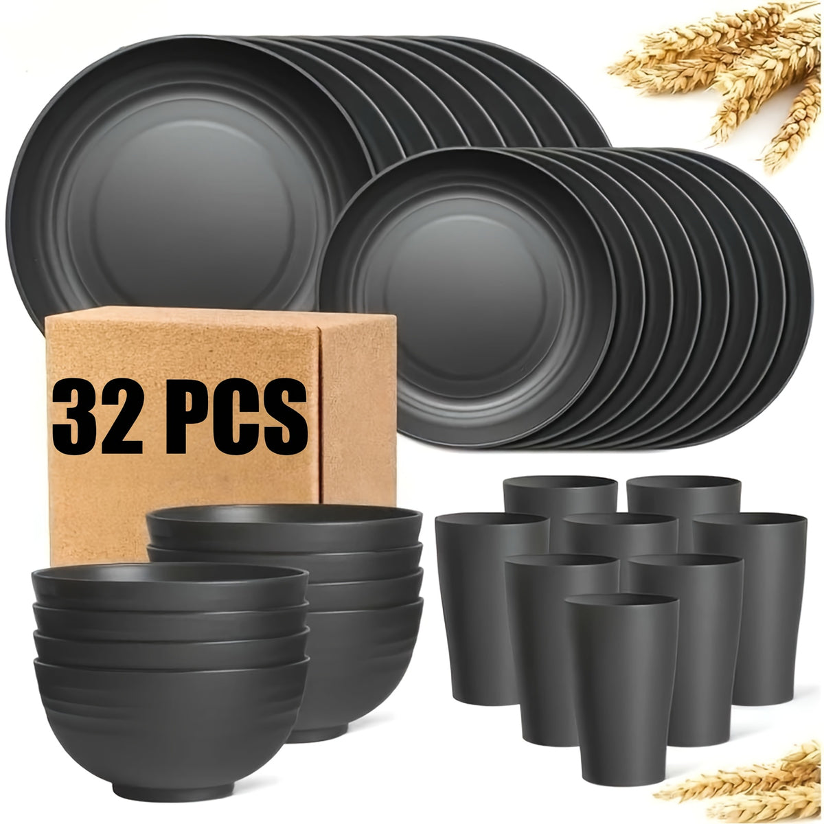 16pcs/32pcs Kitchen Wheat Straw Large Size Dinnerware Set, for 4/8, Unbreakable Modern Dish Set Dinner Plate/Dessert Plate/Cereal Bowl/Cup, Dishwasher Safe, Lightweight Tableware, Camping And Everyday Use, Gifts for Men/Women/Christmas/Halloween