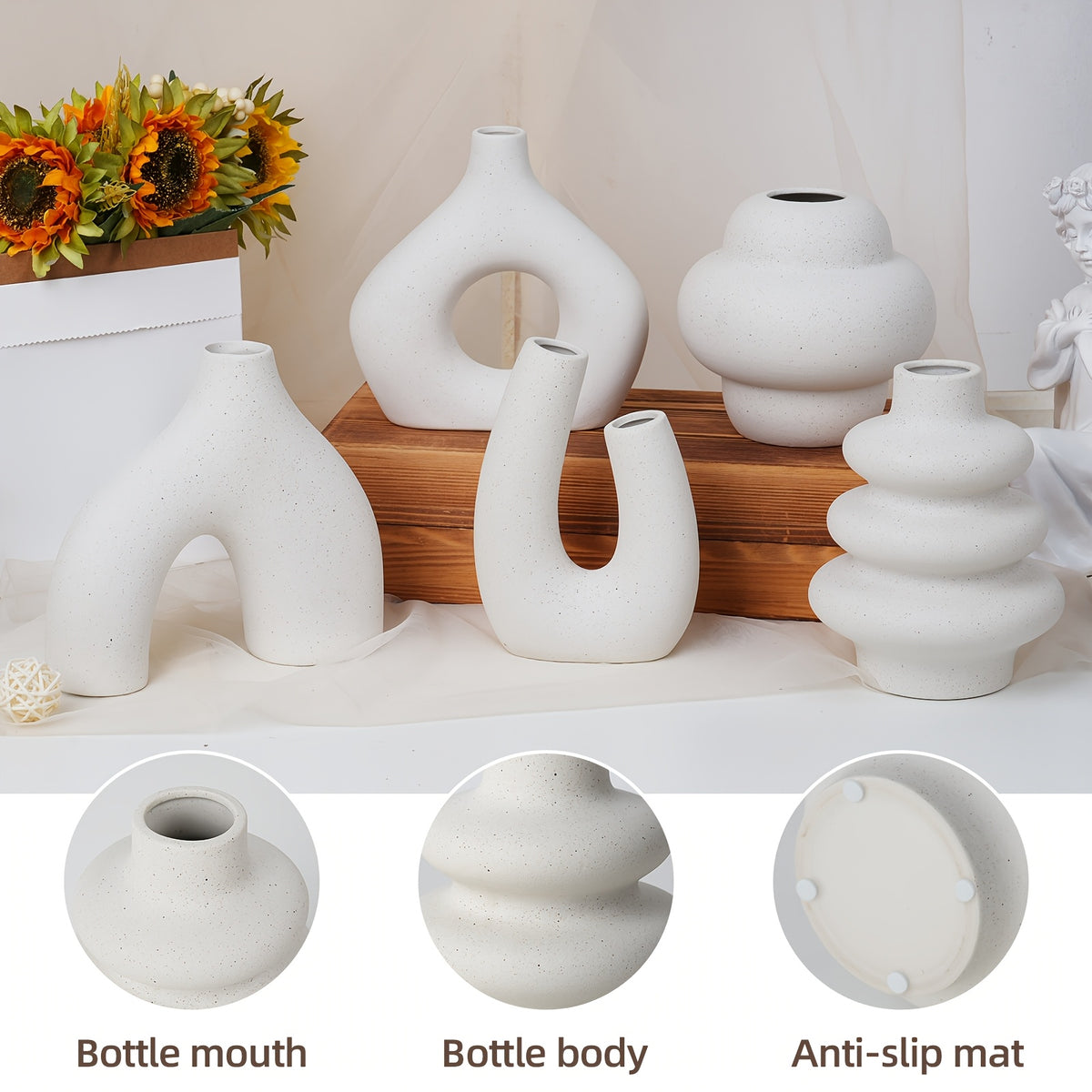 TOMNK Ceramic Vase Set Of 3/5, Nordic Modern Boho Ins Style Decorative Ceramic Aesthetic Flower Vase for Home Decor, Matte Ceramic Decorations for Living Room Shelf, Bookshelf Mantle Entryway Table Or Console Decor
