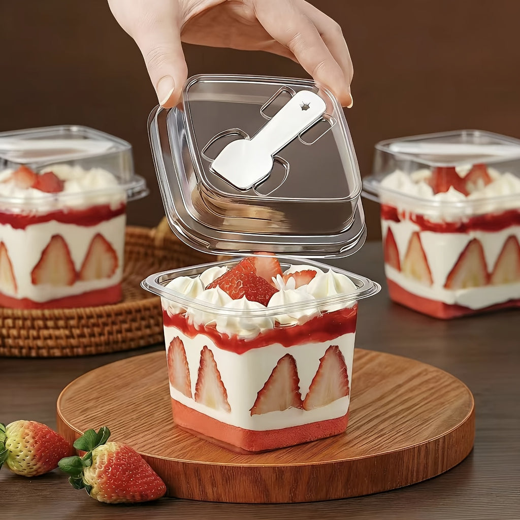 [30pcs Dessert Boxes] 30pcs PET Transparent Square Dessert Boxes, Including (Cake Cup And Lid And Spoon) Dessert Packaging Box With Spoon, Sealed And Leak-Proof, Baking Mille-Feuille Mousse Cake Packaging Container, Suitable For Cakes, Mousses, Fruits, Ic