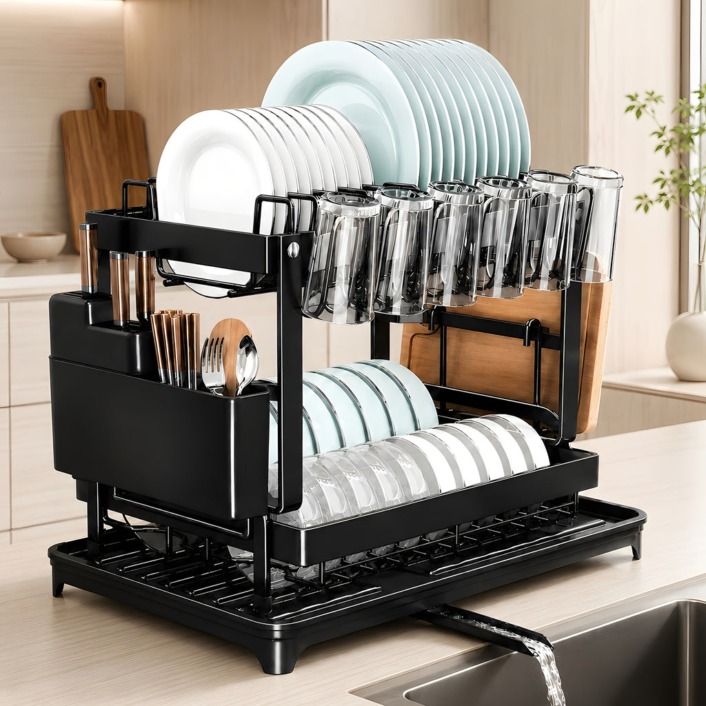 Two-Level Dish Drying Rack for Kitchen Surfaces, Dish Drainer with A Drainboard, Metal Kitchen Dish Holder with Drainage, Two-Tier Kitchen Drying Rack, Black Dish Holders, Standing Shelf Units, Standing Shelf