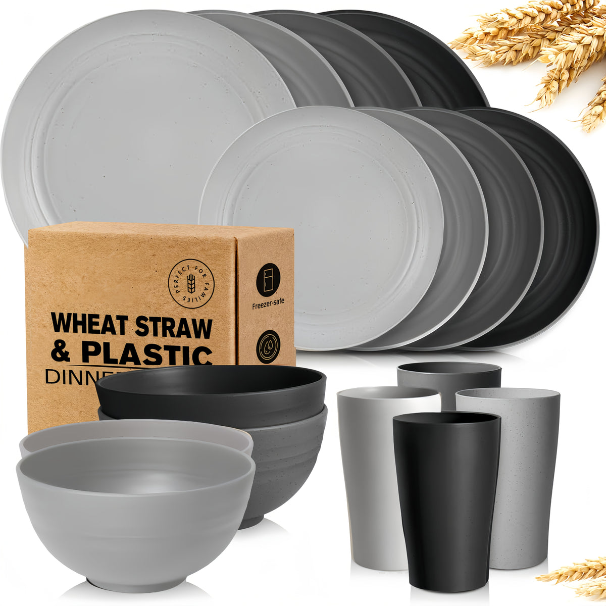 16/32pcs Kitchen Plastic Wheat Straw Tableware Set, 4/8 People, Plates, Dessert Plates, Cereal Bowls, Cups, Unbreakable, Lightweight Shatterproof for Camping/Daily Use/Parties/Weddings, Gift for Halloween/Christmas, Local Warehouse Item