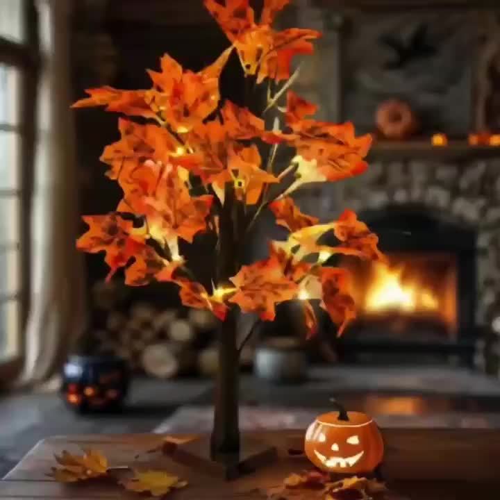 2pcs Thanksgiving & Autumn Table Lamps, 21.26 Inch Tree Lights Decorated with Fall Maple Leaves, Artificial Decor Trees with 24 Battery-Powered LEDs, Ideal for Indoor Spaces, Home Rooms, Balconies, Holiday Events And Halloween Parties