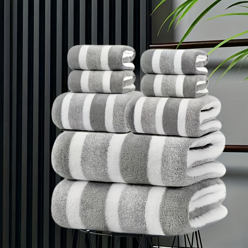 8pcs Set, No Hair Loss, Super Absorbent, Super Soft Two-color Striped Interval Bath Towel Combination, Including 2 Large Bath Towels, 2 Large Face Towels, 4 Hand Towels