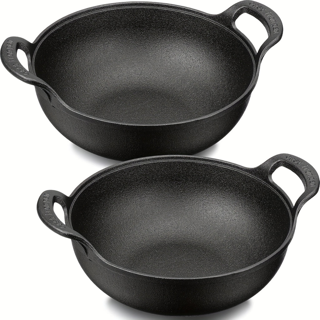 2-Piece/1-Piece Pre-Seasoned Cast Iron Wok Set - Grill & Stove Pan with Handles, Oven Safe Nonstick Skillet for Stir Fry, BBQ, Camping (No Lid)